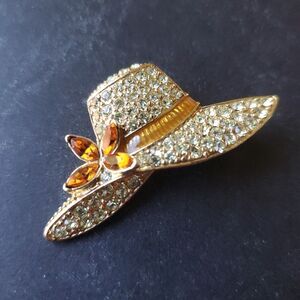 Gold Tone Monet Rhinestone Hat Shaped Pin Small 1.75" Sun Bonnet Brooch